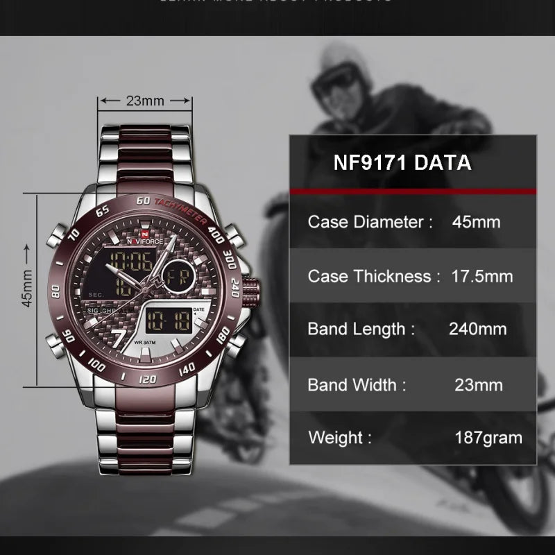 NAVIFORCE Men's Fashion Sports Watch Quartz Dual Display Luminous Waterproof Steel Band Clocks Male Outdoor Wristwatch Gifts Box