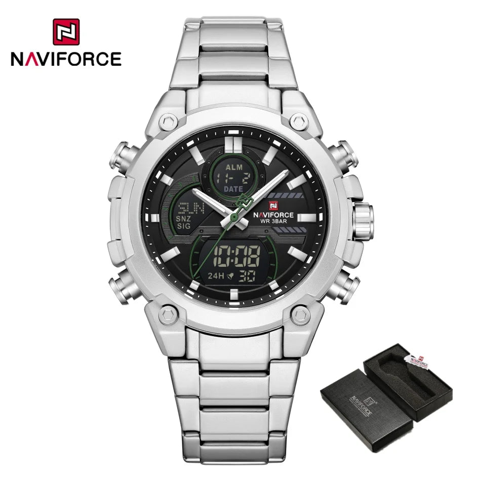 NAVIFORCE Watch For Men Stainless Steel Sport Casual Fashion Dual Display Sport Multifunction Chronograph men Waterproof Watch