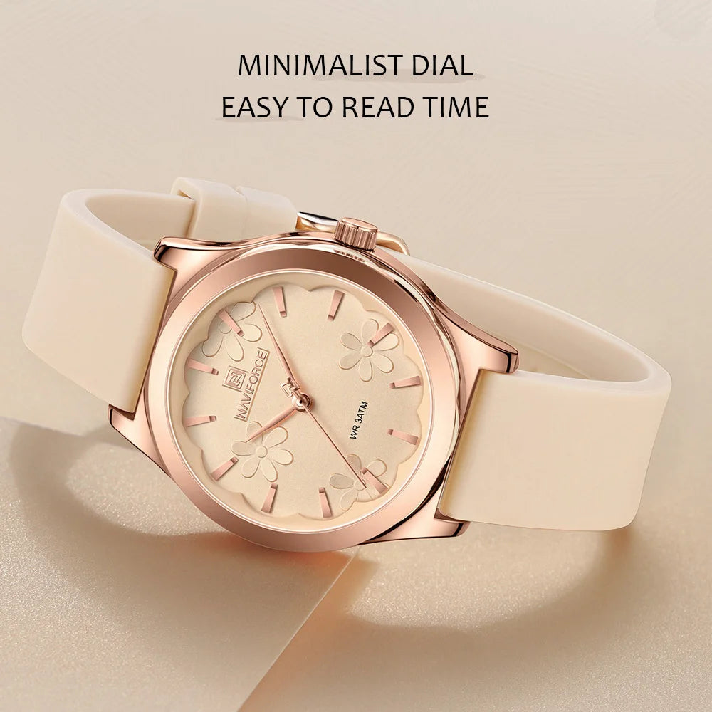 NAVIFORCE Women Simple Fashion Wristwatch Quartz 3ATM Waterproof Comfortable Silicone Strap Female Exquisite Wristwatch Gift Box