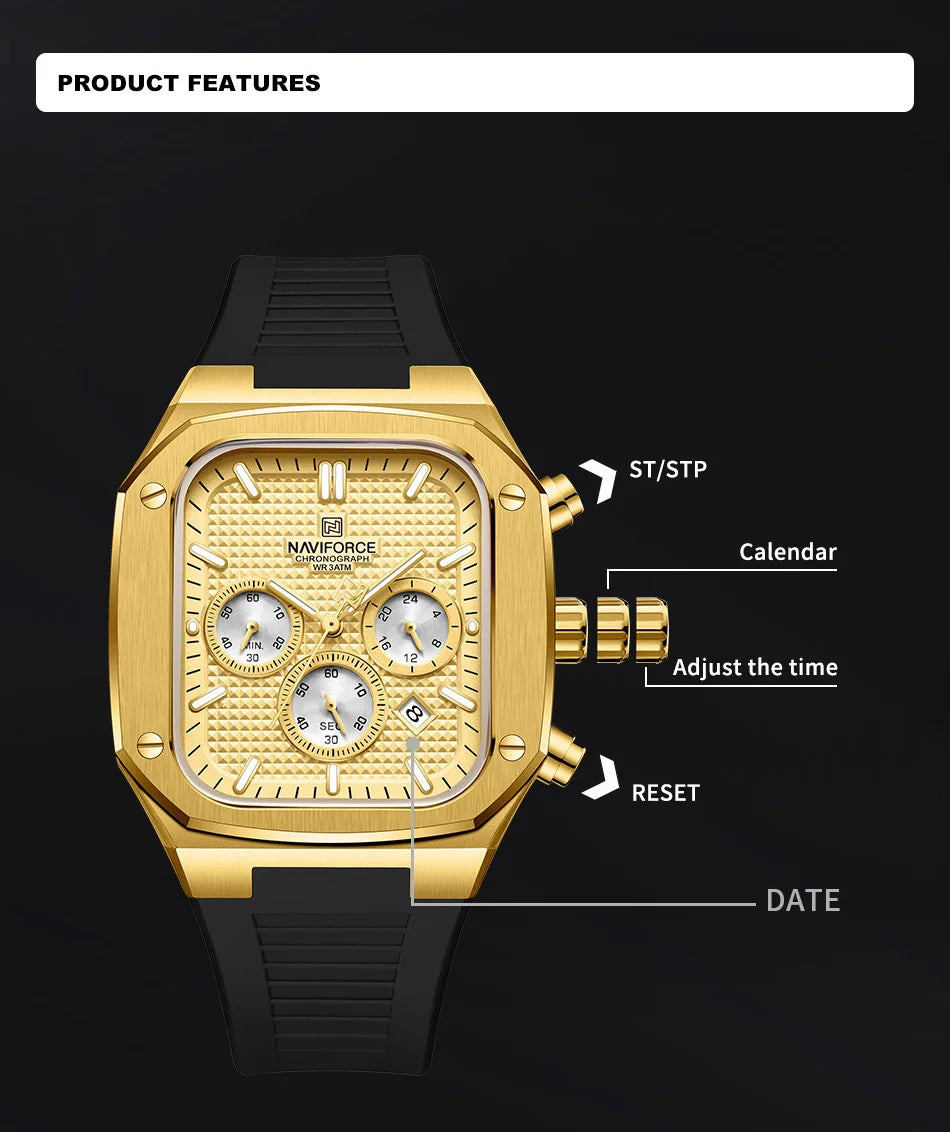 NAVIFORCE Men's Luxury Gold Watch Fashion Silicone Strap Quartz Movement Waterproof Square Wristwatch with Luminous Hands And Da