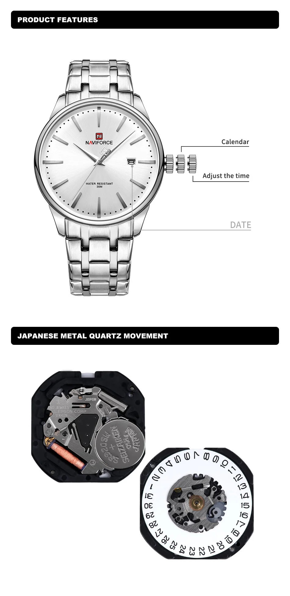 New NAVIFORCE Men's Fashion Business Stainless Steel Strap Quartz Wristwatches Calendar Watch Waterproof Relogio Masculino Gifts
