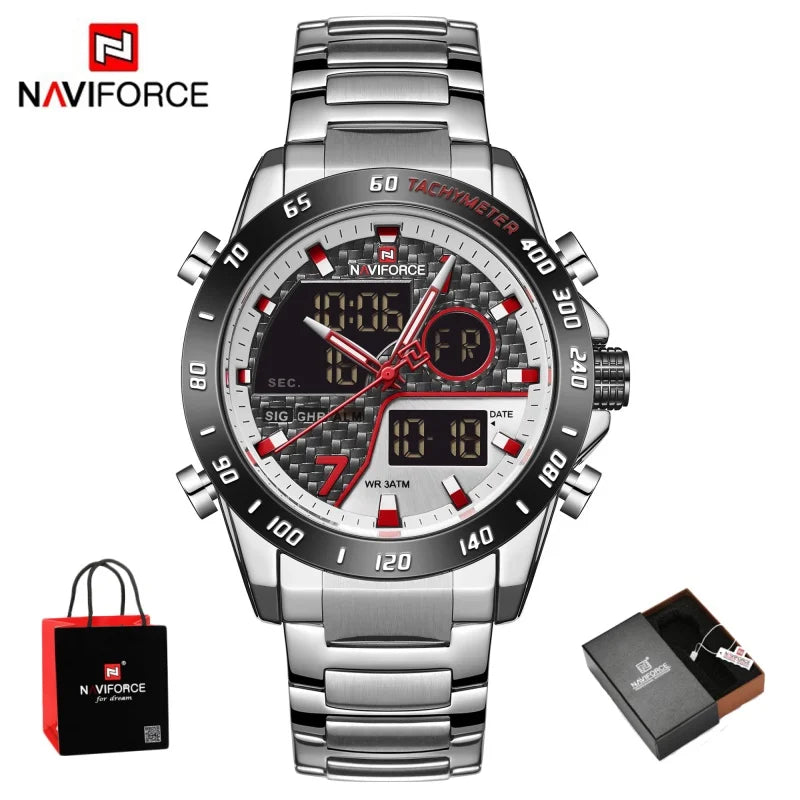 NAVIFORCE Male Quartz Dual Display Clocks Waterproof Luminous Stainless Steel Strap Watches Men Mature Style Wristwatch Gift Box