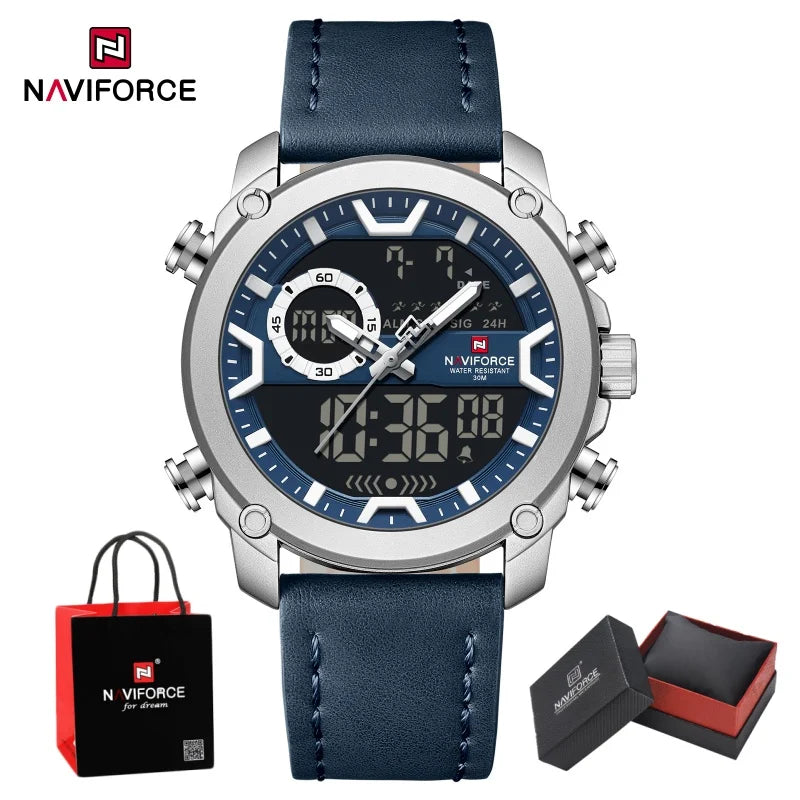 NAVIFORCE Man's Watch Quartz Dual Display Waterproof Leather Strap Alarm Male Simple Fashion Business Casual Wristwatch Gift Box