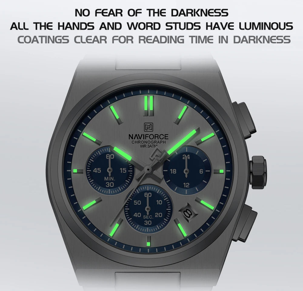 NAVIFORCE Male Quartz Stylish Watches Chronograph Waterproof Luminous Hands Stainless Steel Band Men Luxury Business Wristwatch