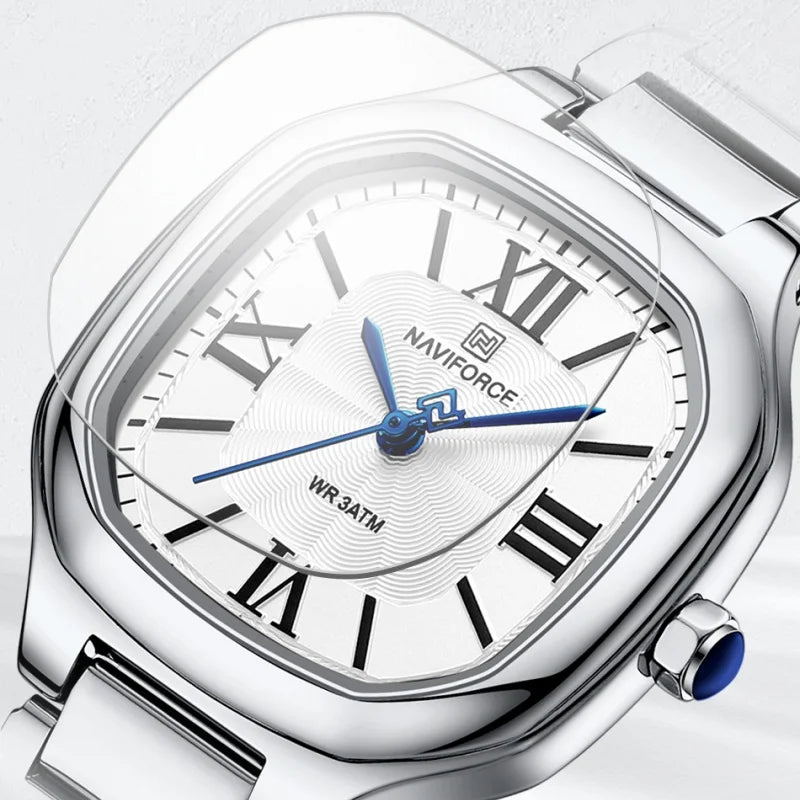 NAVIFORCE Women's Casual Fashion Quartz Watch Unique Design Waterproof Steel Strap Elegant Ladis Daily Wear Wristwatch Gift Box