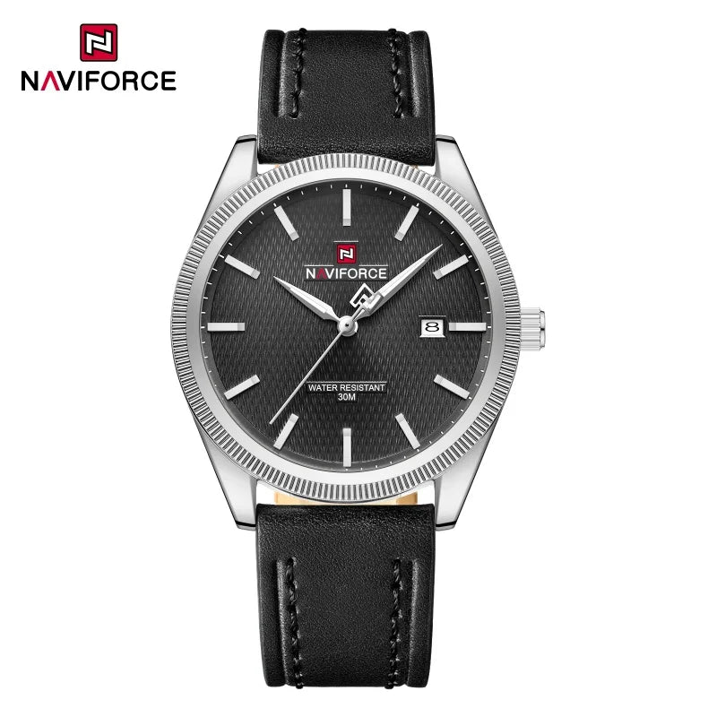 NAVIFORCE Men's Watches Fashion Genuine Leather Strap 30M Waterproof Male Quartz Wristwatches Luminous Point Date Display Clock
