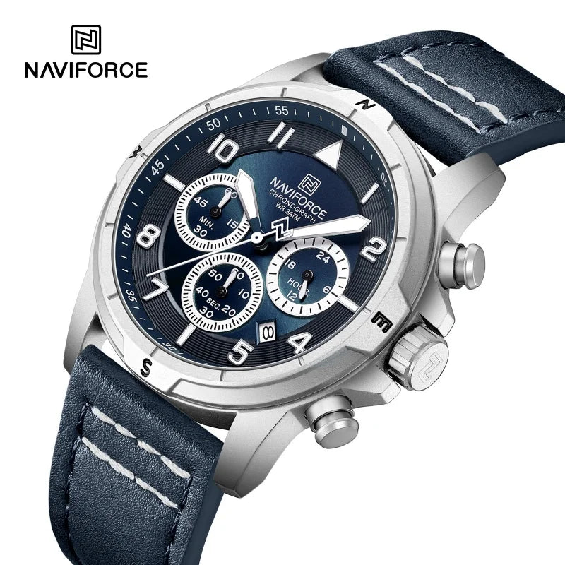 NAVIFORCE New Male Wristwatch Multi Dial Chronograph 24 Hour Clock Leather Band Men Modern Business Luxury Man's Watch NF8077