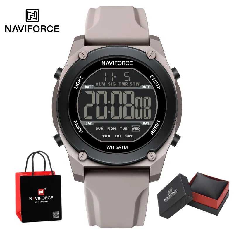 NAVIFORCE Men's LCD Digital Watch 50M Water Resistant Electronic Calendar Fashion Silicone Band Alarm Clock Wristwatch Gifts Box