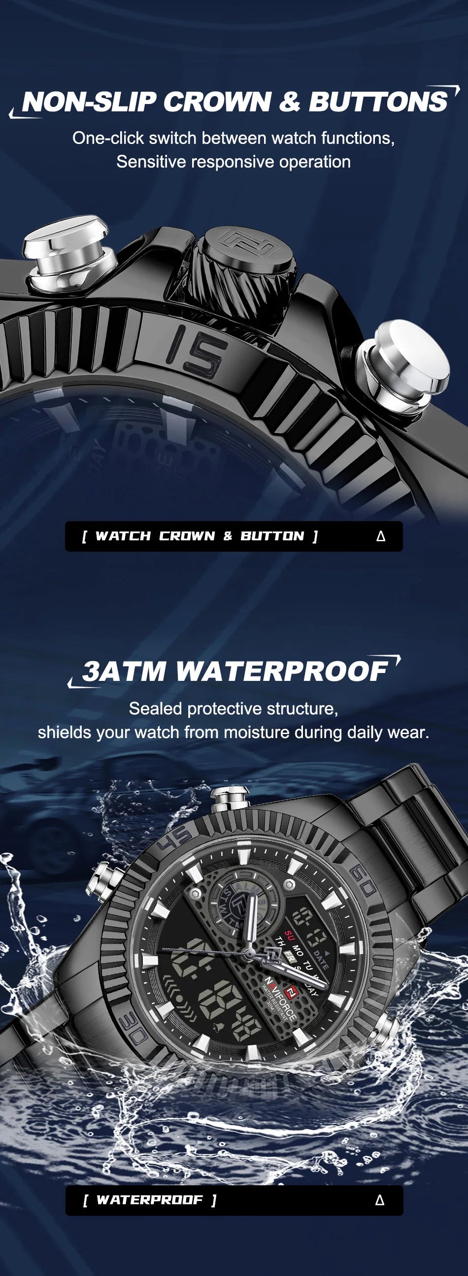 NAVIFORCE Men Watches Quartz Dual Display Waterproof Stainless Steel Male Luxury Fashion Business Outdoor Wristwatch Gifts Box