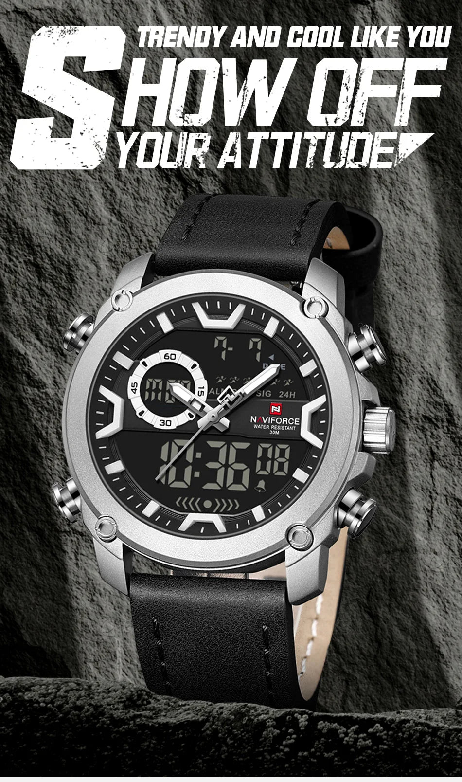 NAVIFORCE Mens Watch Original Simple Brand Quartz Watch Japan Movement Genuine Band Luminous Dual Display Watches For Men Gifts