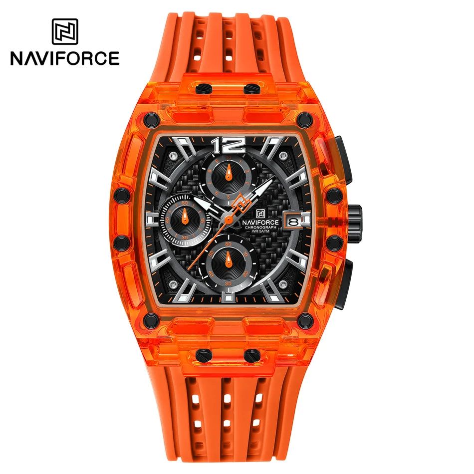 NAVIFORCE Men's Quartz Watch Multifunctional Colorful Chronograph Top Brand Silicone Strap 5ATM Waterproof Tonneau Wristwatches