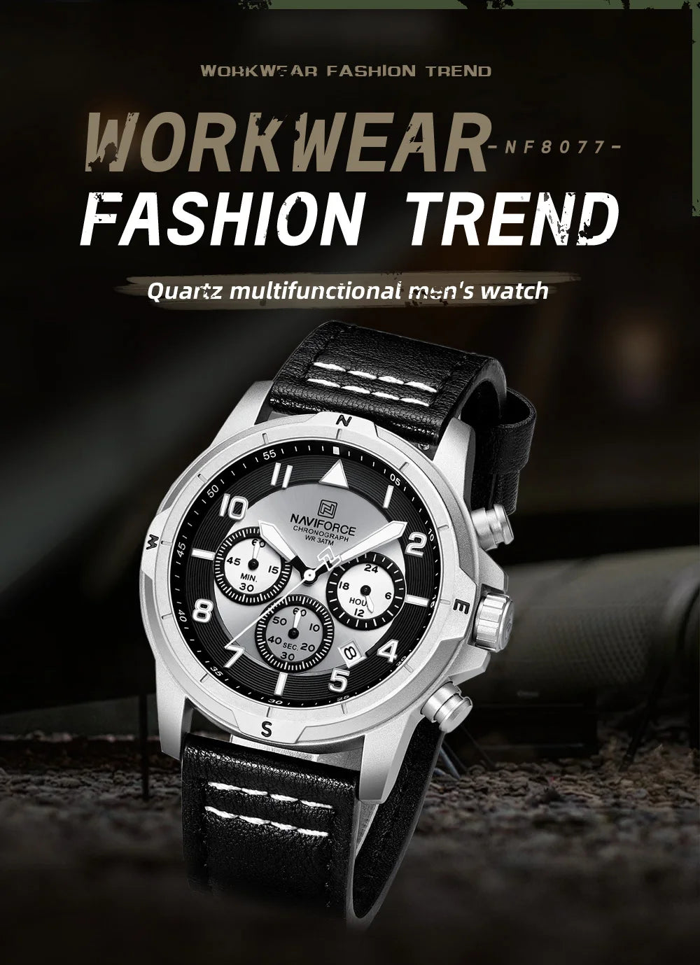 NAVIFORCE New Male Wristwatch Multi Dial Chronograph 24 Hour Clock Leather Band Men Modern Business Luxury Man's Watch NF8077