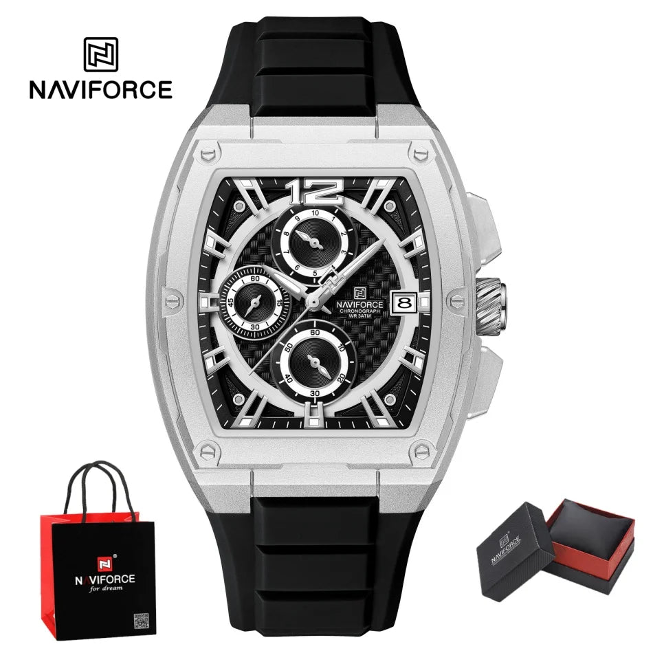 NAVIFORCE Men's Waterproof Luxury Sport Watch Casual Multifunction Chronograph Business Wristwatch with Silicone Band Gift Set