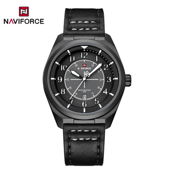 NAVIFORCE Simple Men Quartz Calendar Watch 3ATM Waterproof Genuine Leather Strap Business Casual Fashion Mature Style Wristwatch