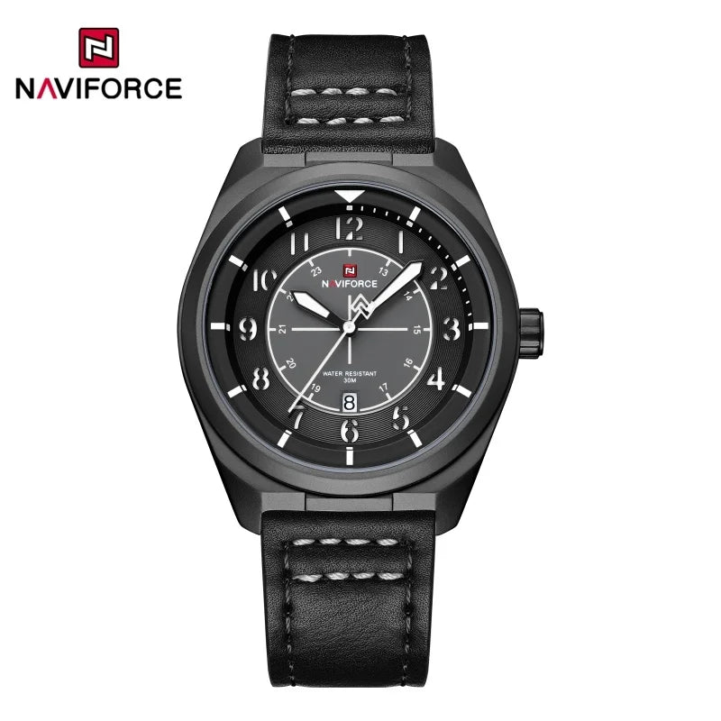 NAVIFORCE Simple Men Quartz Calendar Watch 3ATM Waterproof Genuine Leather Strap Business Casual Fashion Mature Style Wristwatch