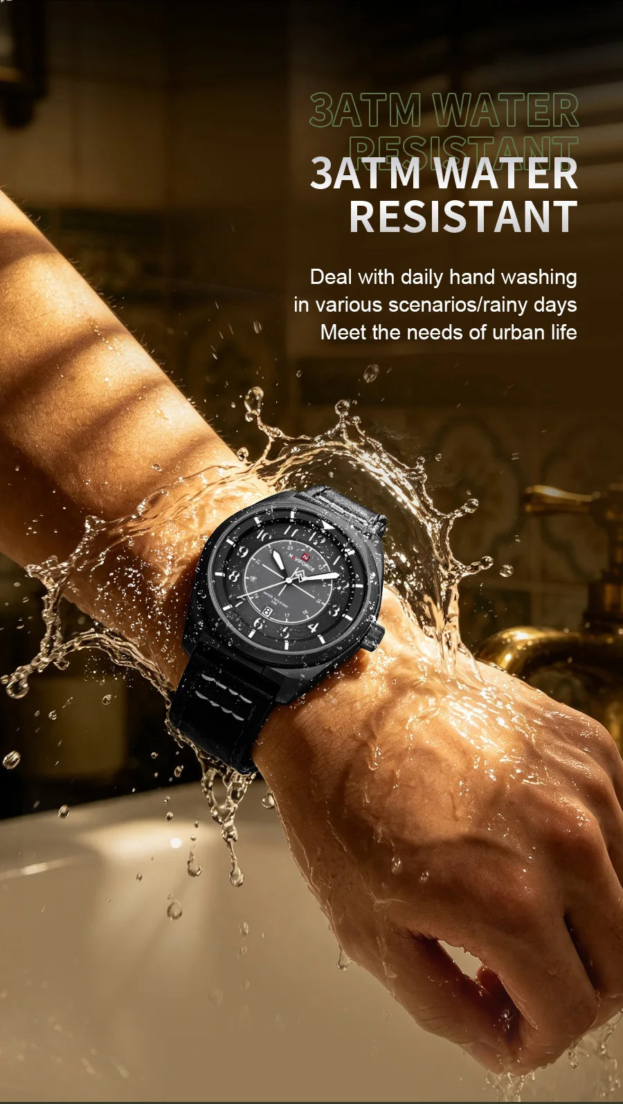 NAVIFORCE Simple Men Quartz Calendar Watch 3ATM Waterproof Genuine Leather Strap Business Casual Fashion Mature Style Wristwatch