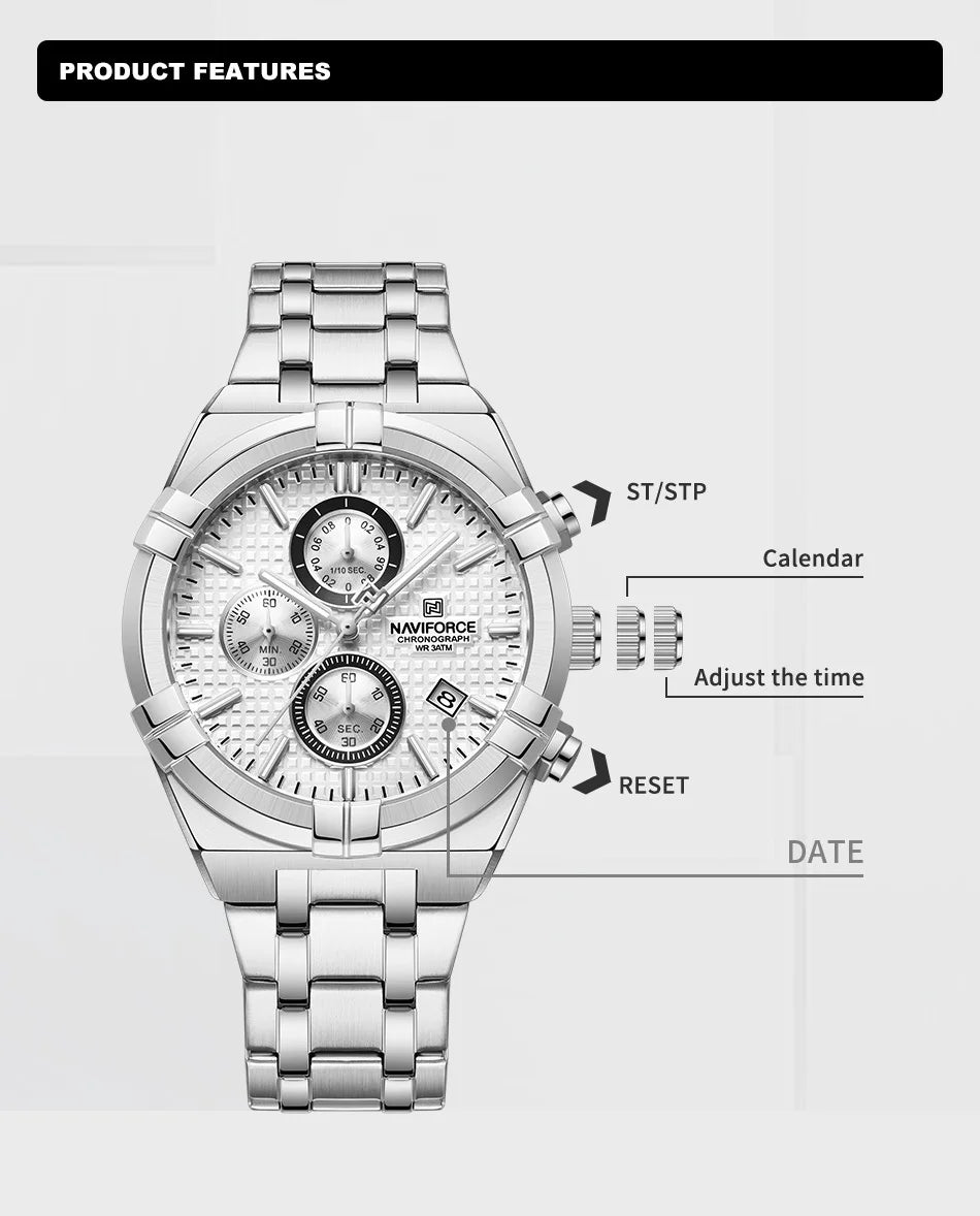 NAVIFORCE Original Men's Watches Waterproof Classics Quartz Wristwatches Stainless Steel Luminous Chronograph Clock 2023 Trend