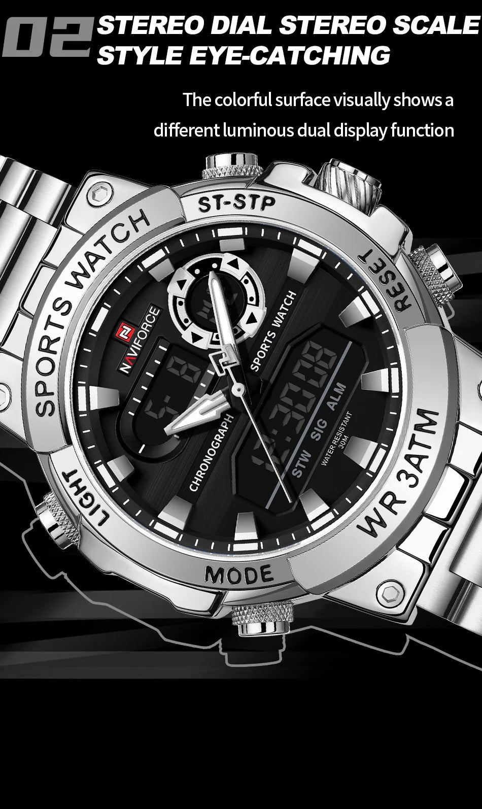 NAVIFORCE Men Watch Stopwatch Dual Time Display Men's Watch Fashion Sport Watch Stainless Steel Strap Waterproof  Package Gifts