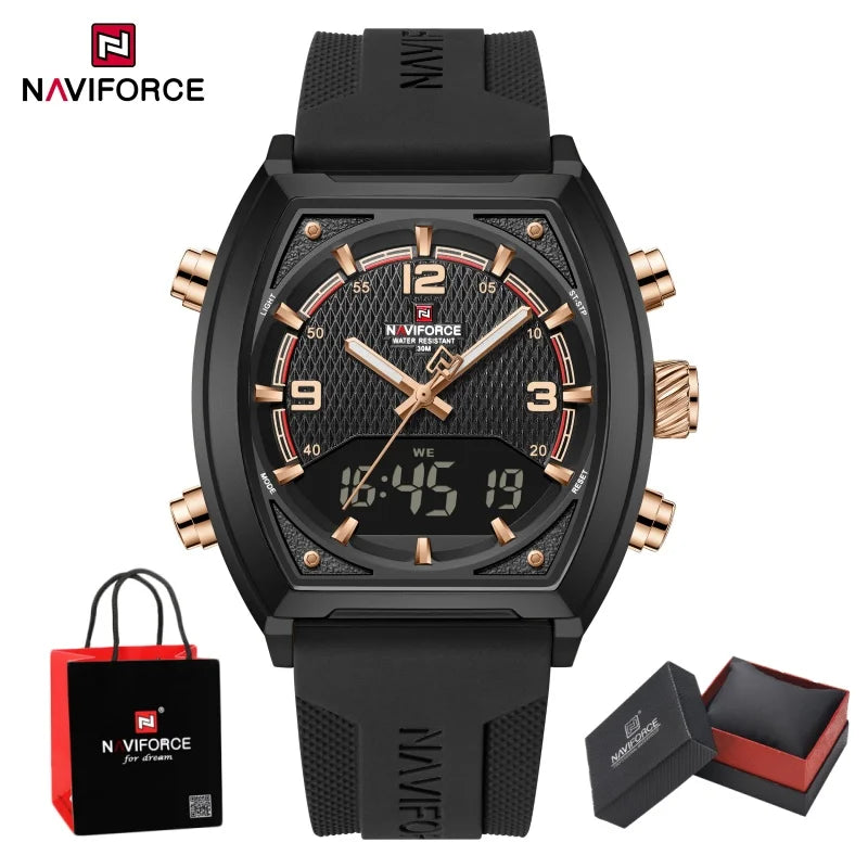 NAVIFORCE Fashionable Man's Quartz Watch Waterproof Dual Display Luminous Military Style Male Sports Wristwatch Gifts Box NF9242
