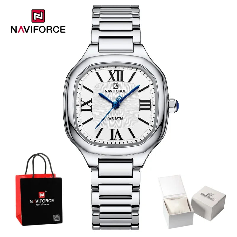 NAVIFORCE Women's Casual Fashion Quartz Watch Unique Design Waterproof Steel Strap Elegant Ladis Daily Wear Wristwatch Gift Box
