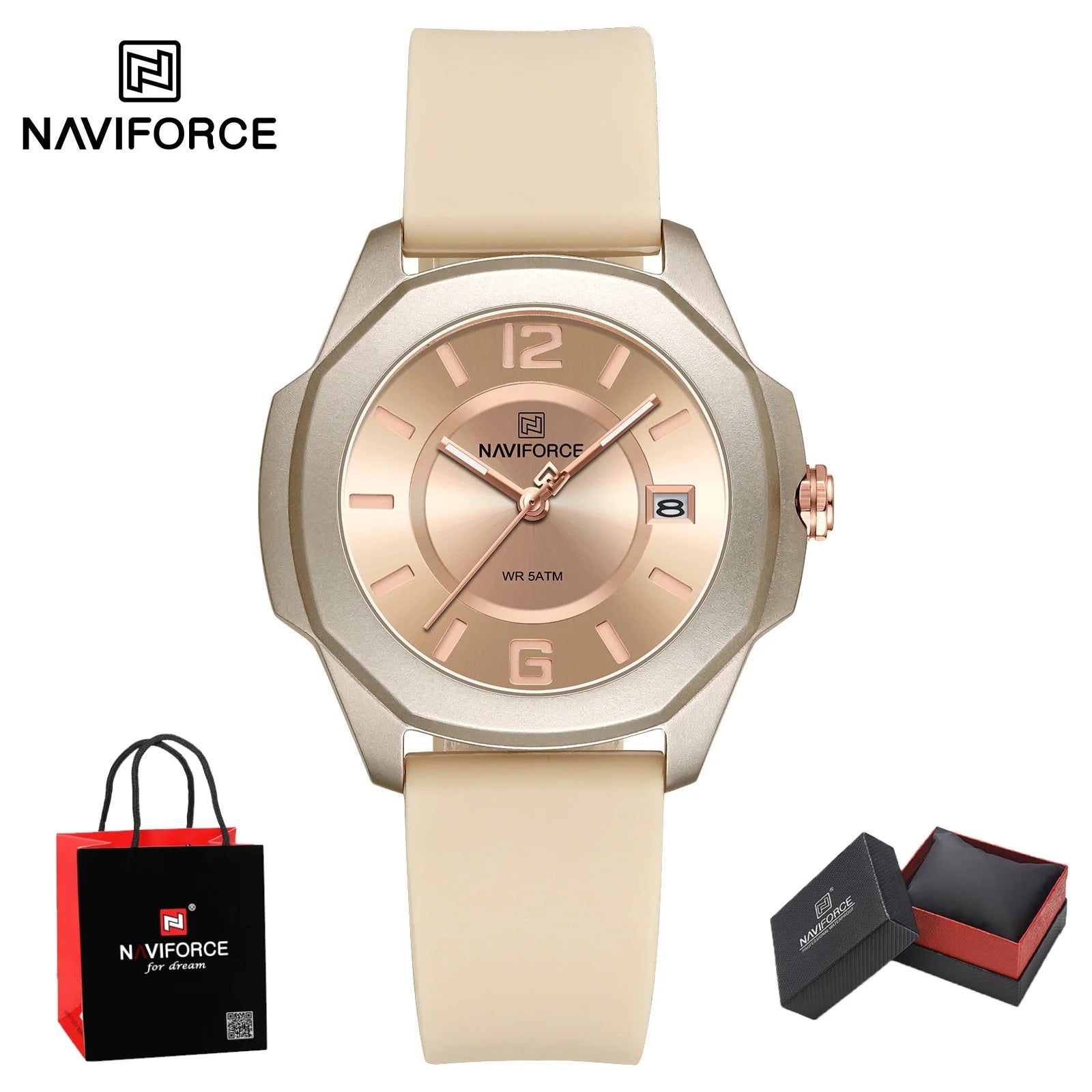 NAVIFORCE Watch Women's Luxury Quartz Watches Ladies Simple Style Silicone Strap Wrist Watch Date Display Clock Package Gifts