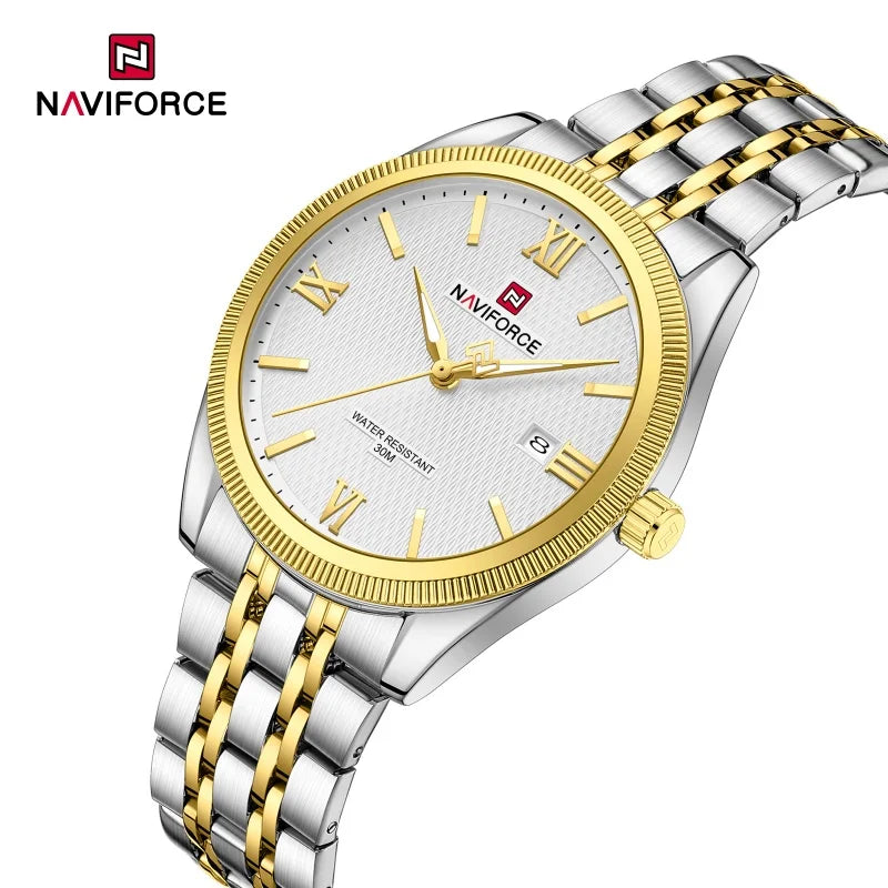 NAVIFORCE Man Wristwatch Quartz Calendar 30M Waterproof Date Display Steel Band Casual Male Business Watch Gift for Father's Day