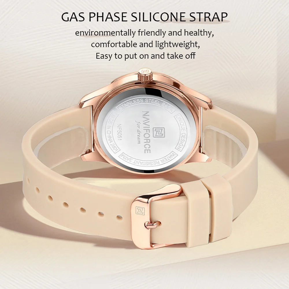 NAVIFORCE Women Simple Fashion Wristwatch Quartz 3ATM Waterproof Comfortable Silicone Strap Female Exquisite Wristwatch Gift Box