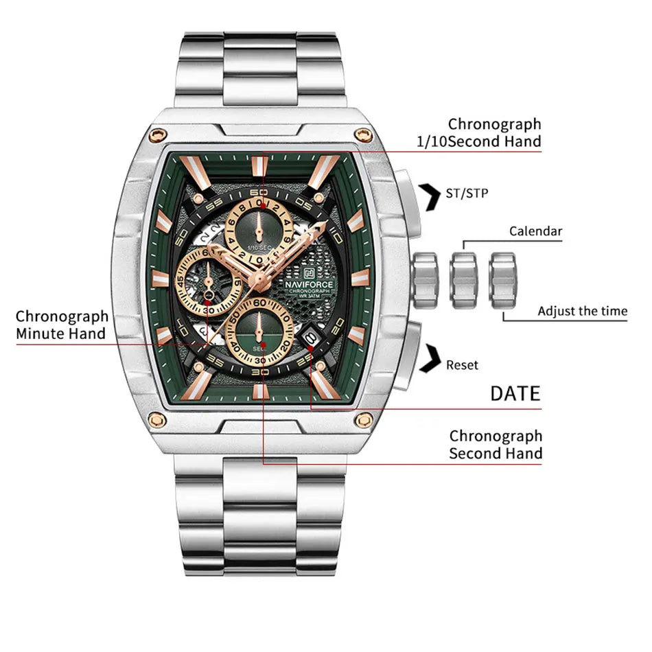 NAVIFORCE Quartz Watch for Men Fashion Waterproof Luminous Chronograph Wristwatch Auto Date Stainless Steel Strap Clock Gift
