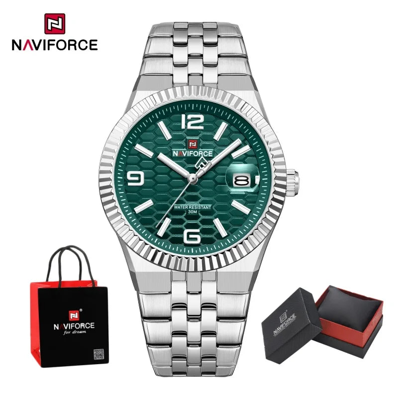 NAVIFORCE Men Watches Quartz Auto Date 3ATM Waterproof Stainless Steel Classic Male Luxury Fashion Business Wristwatch Gift Box