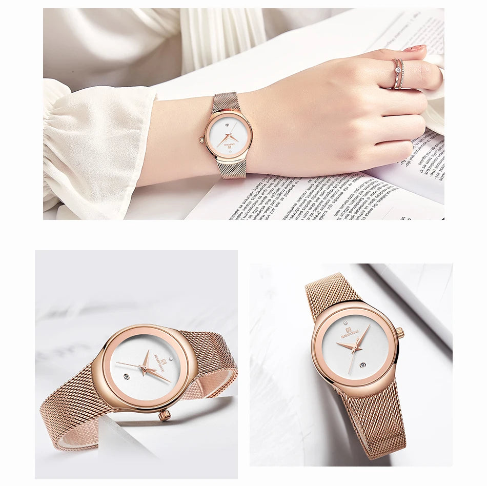 NAVIFORCE Women's Simple Quartz Watches 30M Waterproof Auto Date Steel Strap Female Casual Fashion Daily Use Wristwatch Gift Box