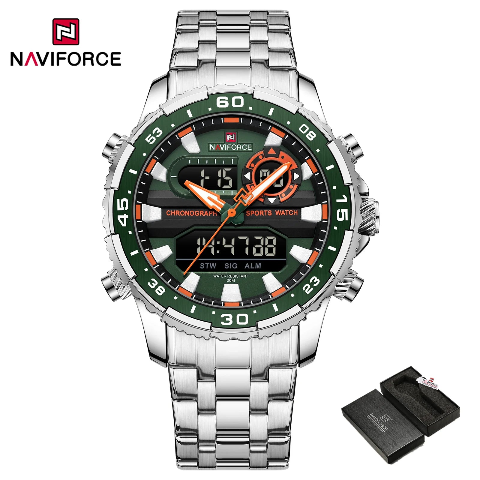 Gifts for Boyfriends NAVIFORCE Men's Silver Black Quartz Watch LCD Digital Waterproof  Wristwatch Male Luminous Hands Date Clock