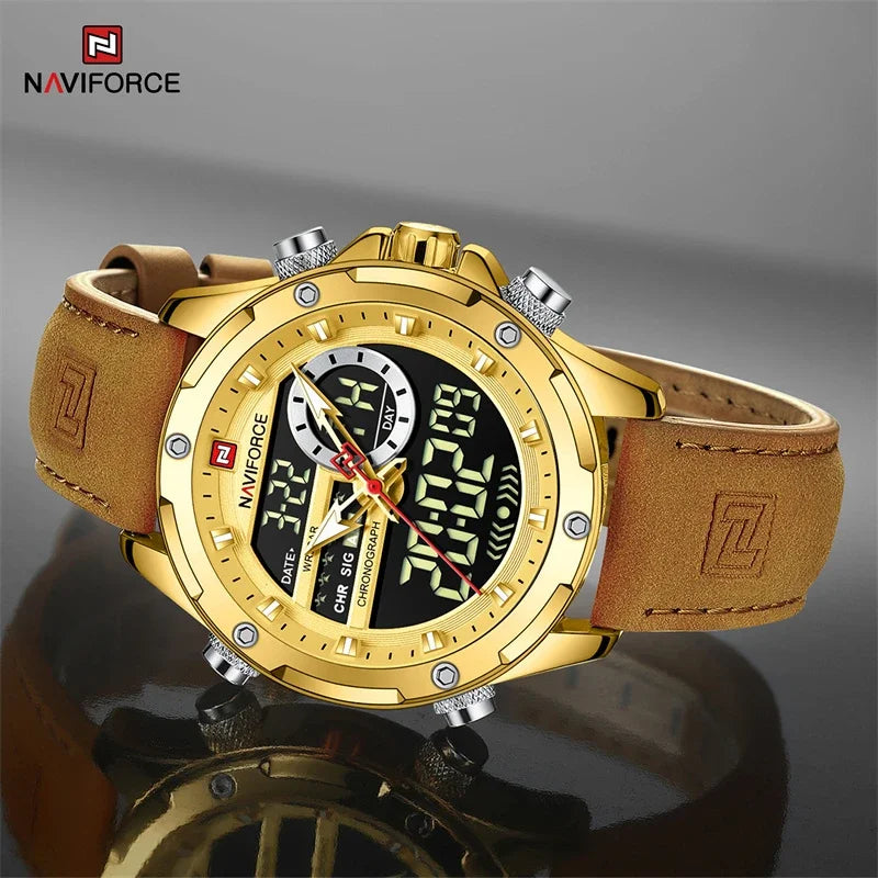NAVIFORCE Original Men's Dual Time Luxury Sport Watch Casual Chronograph Alarm Quartz Wristwatch Leather Strap Waterproof Clock