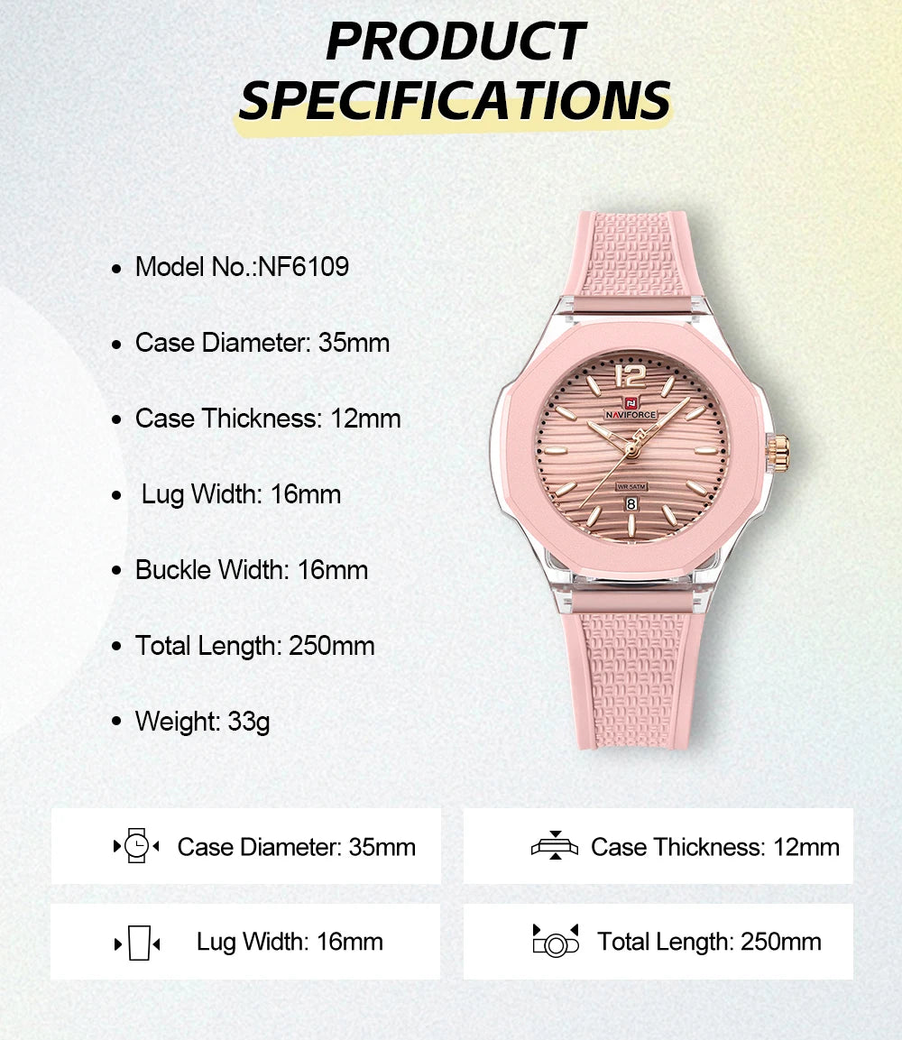 NAVIFORCE Woman's Watch Quartz Waterproof Silicone Band Date Display Wristwatch Luxury Trendy Ladies Dress Wristwatch Gifts Box