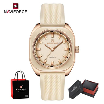 NAVIFORCE Womens Square Quartz Watch 3ATM Waterproof Luminous Silicone Strap Casual Fashion Dress Elegant Wristwatch Gifts Box