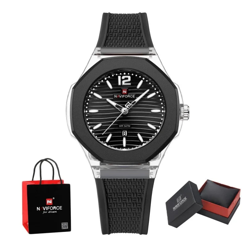NAVIFORCE Woman's Watch Quartz Waterproof Silicone Band Date Display Wristwatch Luxury Trendy Ladies Dress Wristwatch Gifts Box