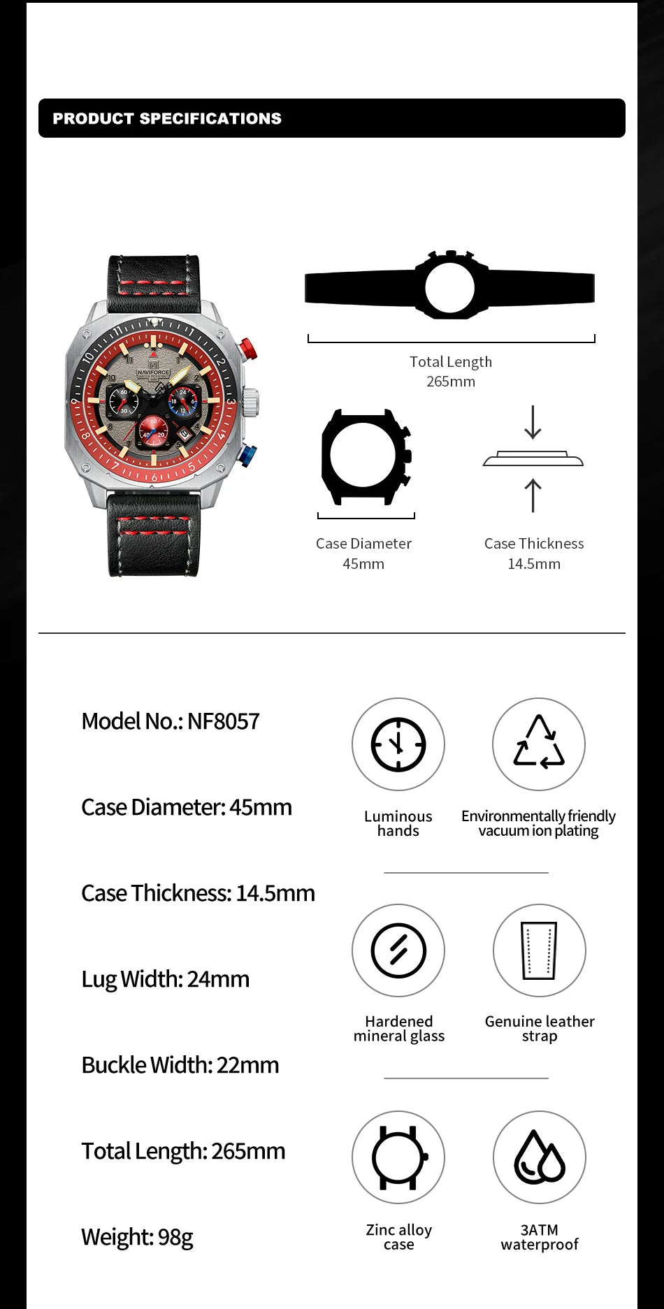 NAVIFORCE Sports Multifunction 24 Hours Date Display Waterproof Watch for Men Fashion Leather Quartz Analog Luminous Wrist Watch