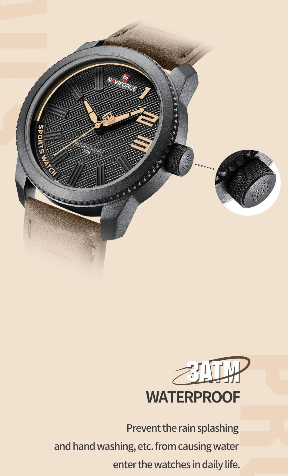 NAVIFORCE Man's Simple Fashion Quartz Watch Waterproof Soft PU Strap Mature Male Outdoor Daily Wear Sports Wristwatch Gifts Box