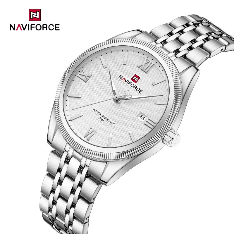 NAVIFORCE Man Wristwatch Quartz Calendar 30M Waterproof Date Display Steel Band Casual Male Business Watch Gift for Father's Day