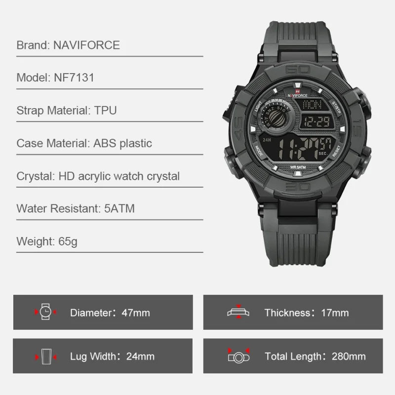 NAVIFORCE Men's Watch LCD Digital 50M Waterproof Multifunction Soft TPU Strap Military Style Teenager Sports Outdoor Wristwatch