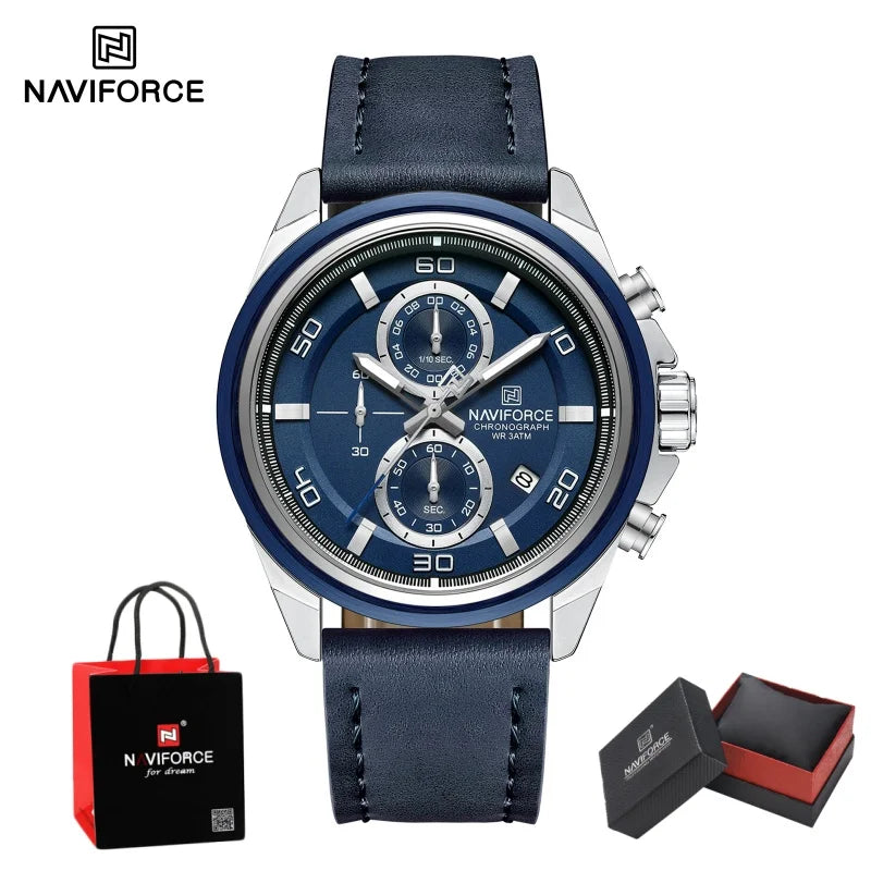 NAVIFORCE Men's Watch Quartz Chronograph Genuine Leather Strap Waterproof Luminous Hand Male Fashion Design Wristwatch Gifts Box