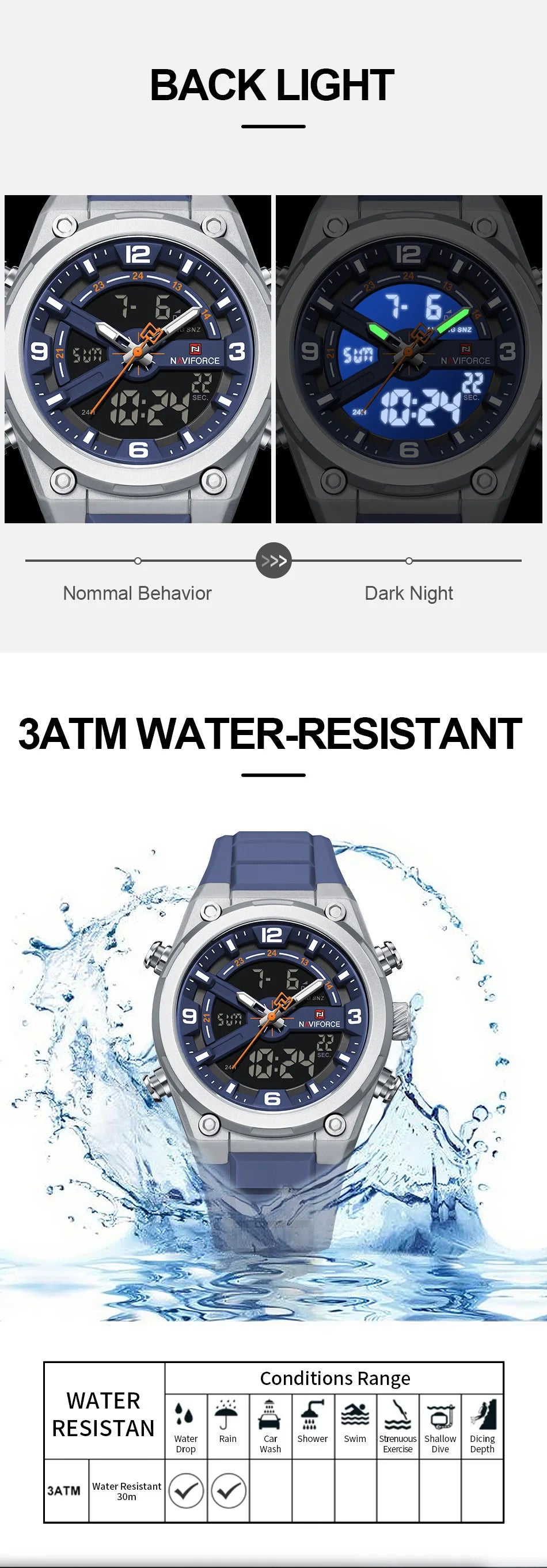 NAVIFORCE Man Watch Fashion Casual Sports Dual display Silicone Strap Waterproof Alarm Chronograph Day and Date Watches for Men