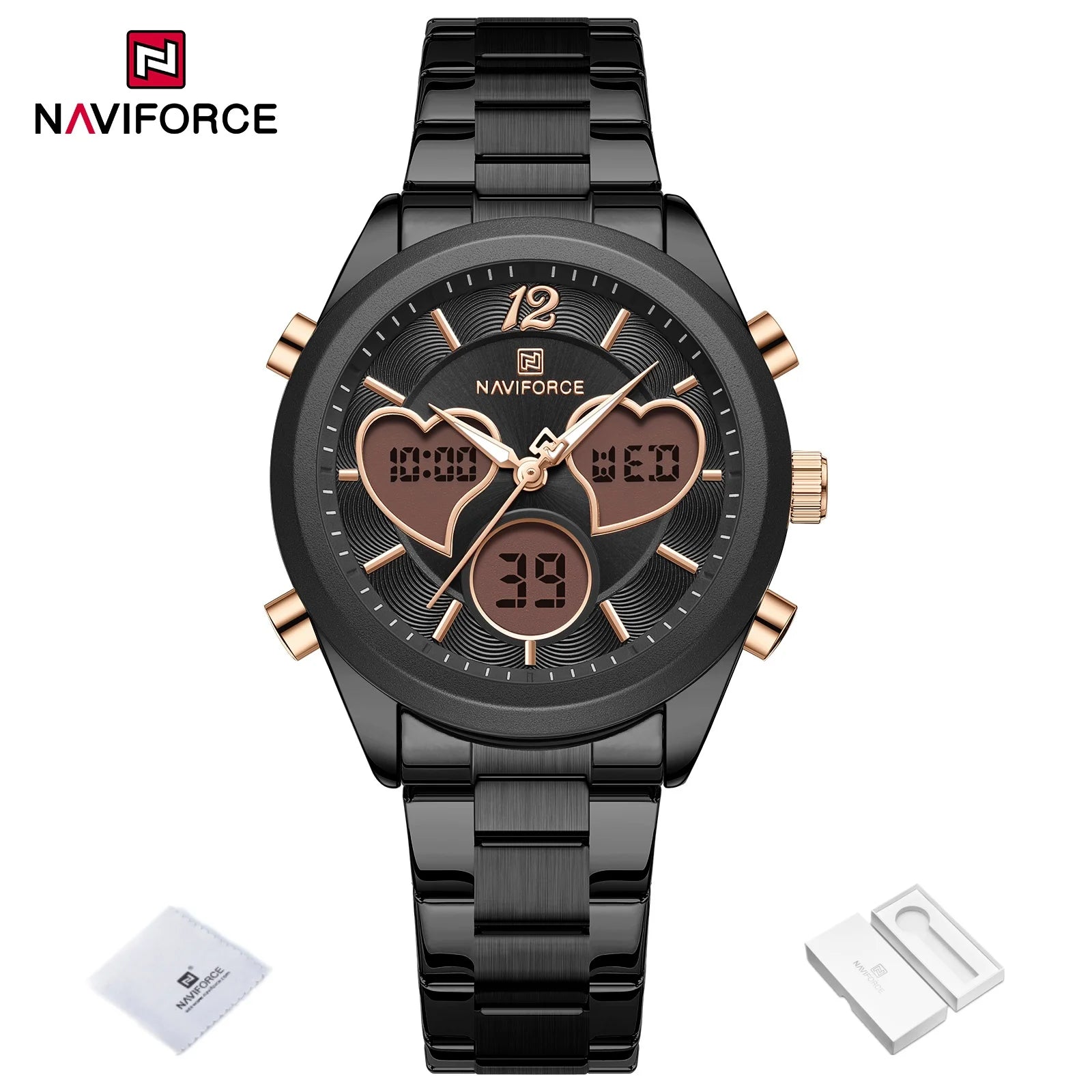 NAVIFORCE Women Watch Unique Design of Heart-Shaped Dial Quartz Analog LCD Digital Watches Fashion Casual Girlfriend Gifts Clock