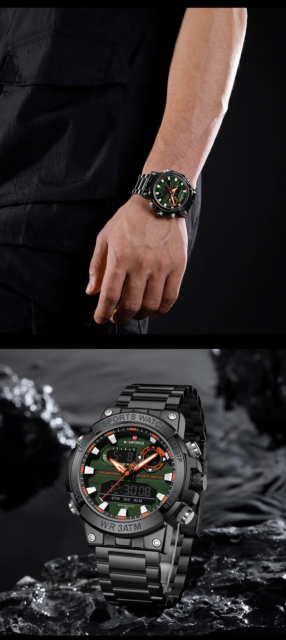 NAVIFORCE New Military Sports Mens Watches Top Brand Luxury Dual Display Waterproof LED Digital Watch for Men Quartz Wristwatch