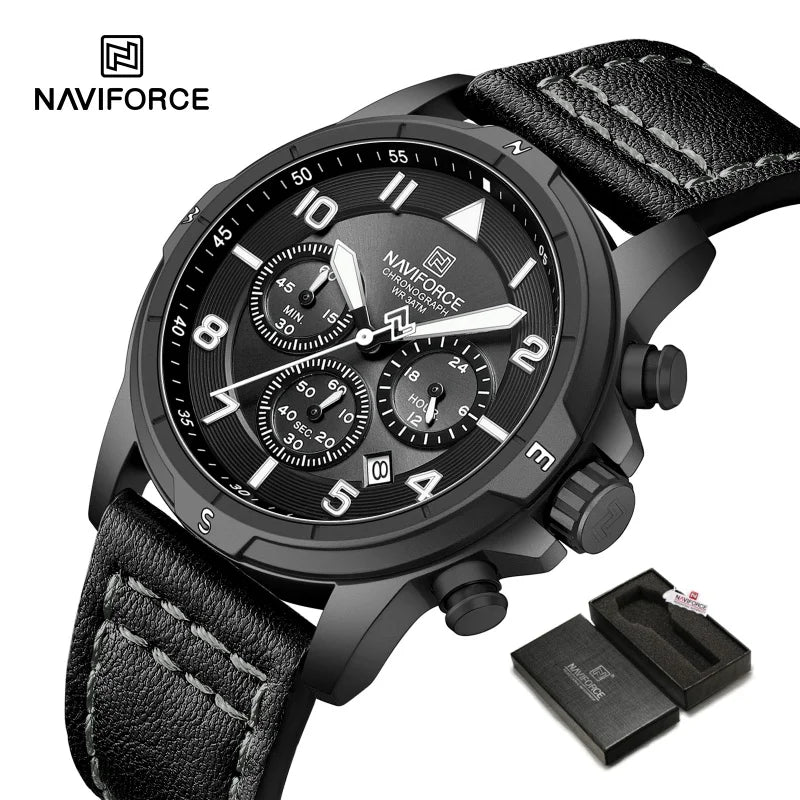 NAVIFORCE New Male Wristwatch Multi Dial Chronograph 24 Hour Clock Leather Band Men Modern Business Luxury Man's Watch NF8077