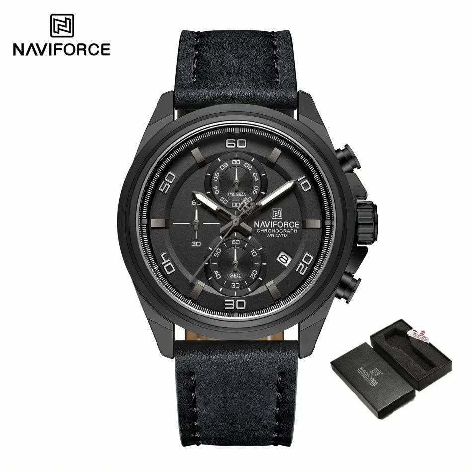 NAVIFORCE Brand Watches For Men Genuine Leather Band Chronograph Quartz Wristwatches Casual Sport 30m Waterproof Male Gift Clock
