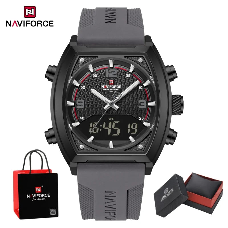 NAVIFORCE Fashionable Man's Quartz Watch Waterproof Dual Display Luminous Military Style Male Sports Wristwatch Gifts Box NF9242
