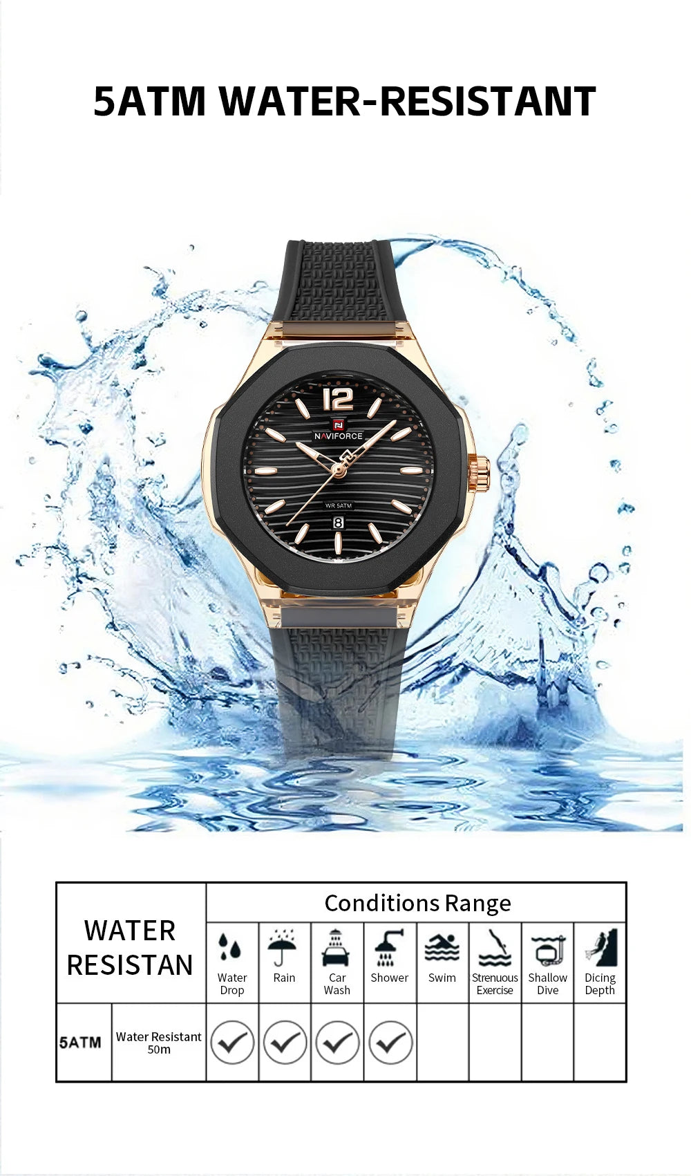 NAVIFORCE Fashion Watch for Women 5ATM Waterproof Silicone Strap Auto Date Display Night Illumination Ladies Elegant Watch Gift