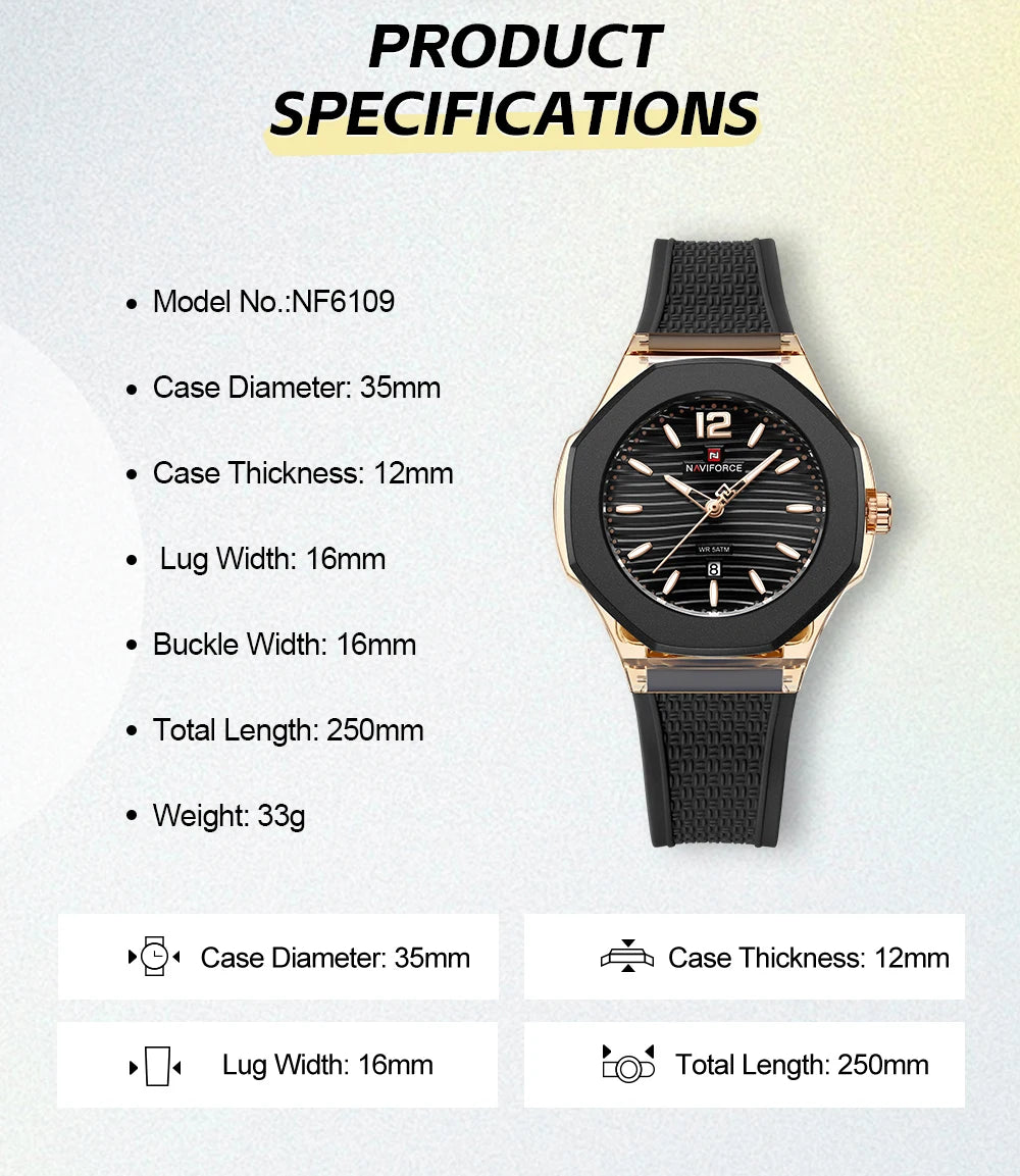 NAVIFORCE Fashion Watch for Women 5ATM Waterproof Silicone Strap Auto Date Display Night Illumination Ladies Elegant Watch Gift