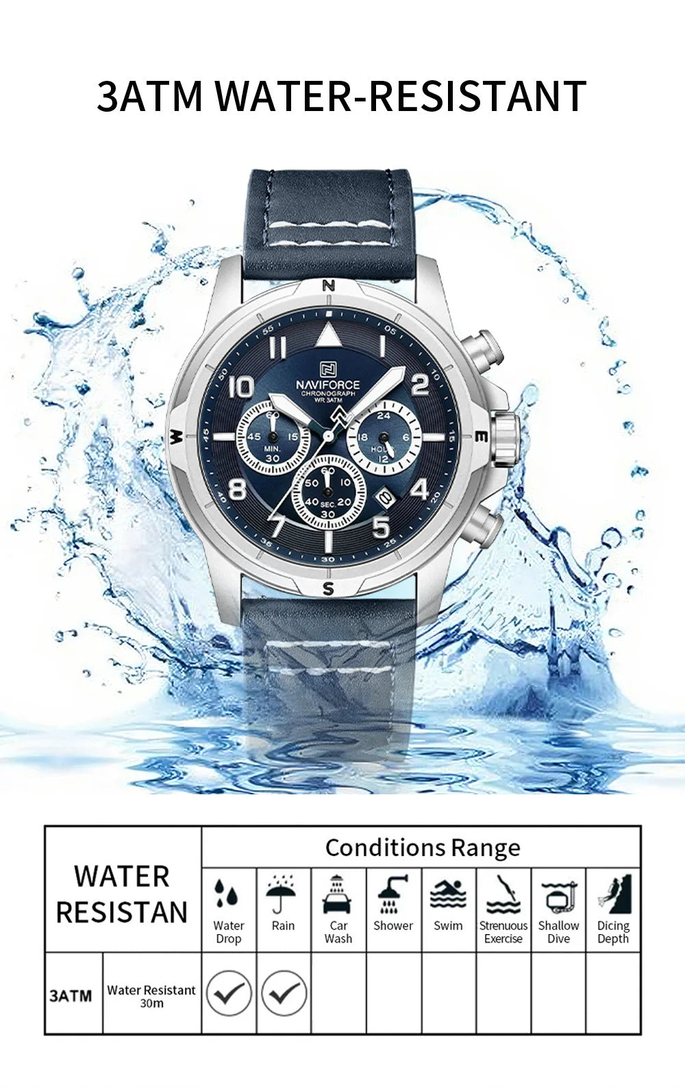 NAVIFORCE Men's Quartz Chronograph Wristwatch Multi Dial 24 Hour Clock Leather Band Modern Business Luxury Design Men Gift Watch