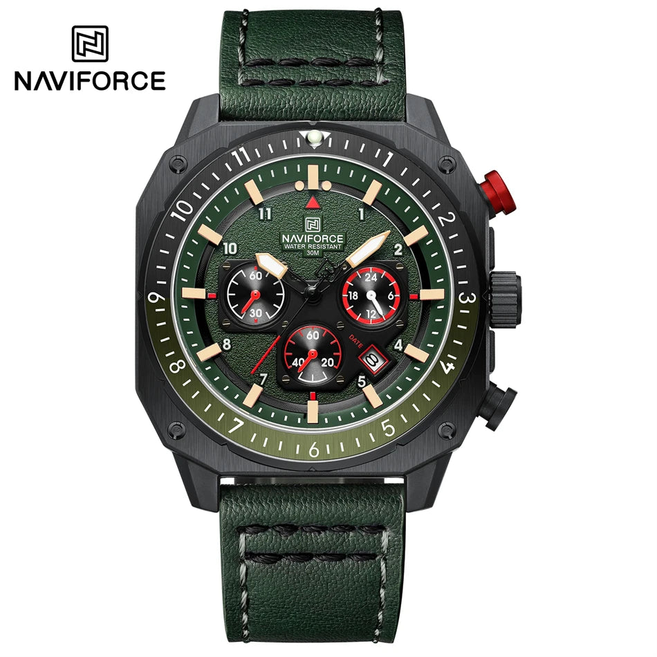 NAVIFORCE Sports Multifunction 24 Hours Date Display Waterproof Watch for Men Fashion Leather Quartz Analog Luminous Wrist Watch